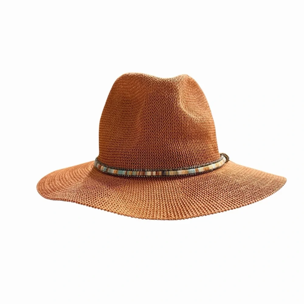 Anthropologie Cali Dream Rust Boho Wide Brim‎ Fedora Hat Beaded Band One Size